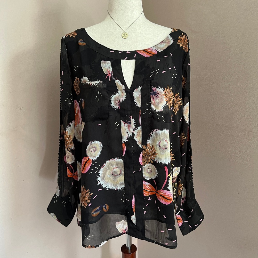 Desigual Artsy Sheer Top Boho Whimsical Blouse XL Abstract Floral Print Eclectic